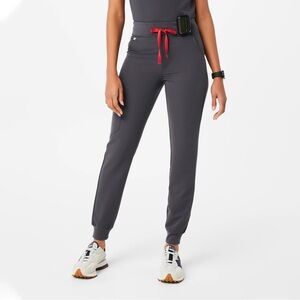 Figs Charcoal Jogger Pants with Red Tie